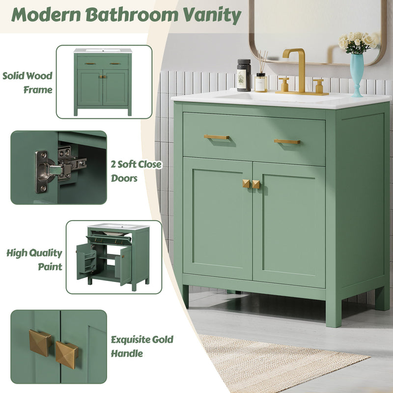 Bathroom Vanity With Ceramic Sink, Modern Single Bathroom Cabinet With 2 Doors And A Shelf, Soft Close Doors