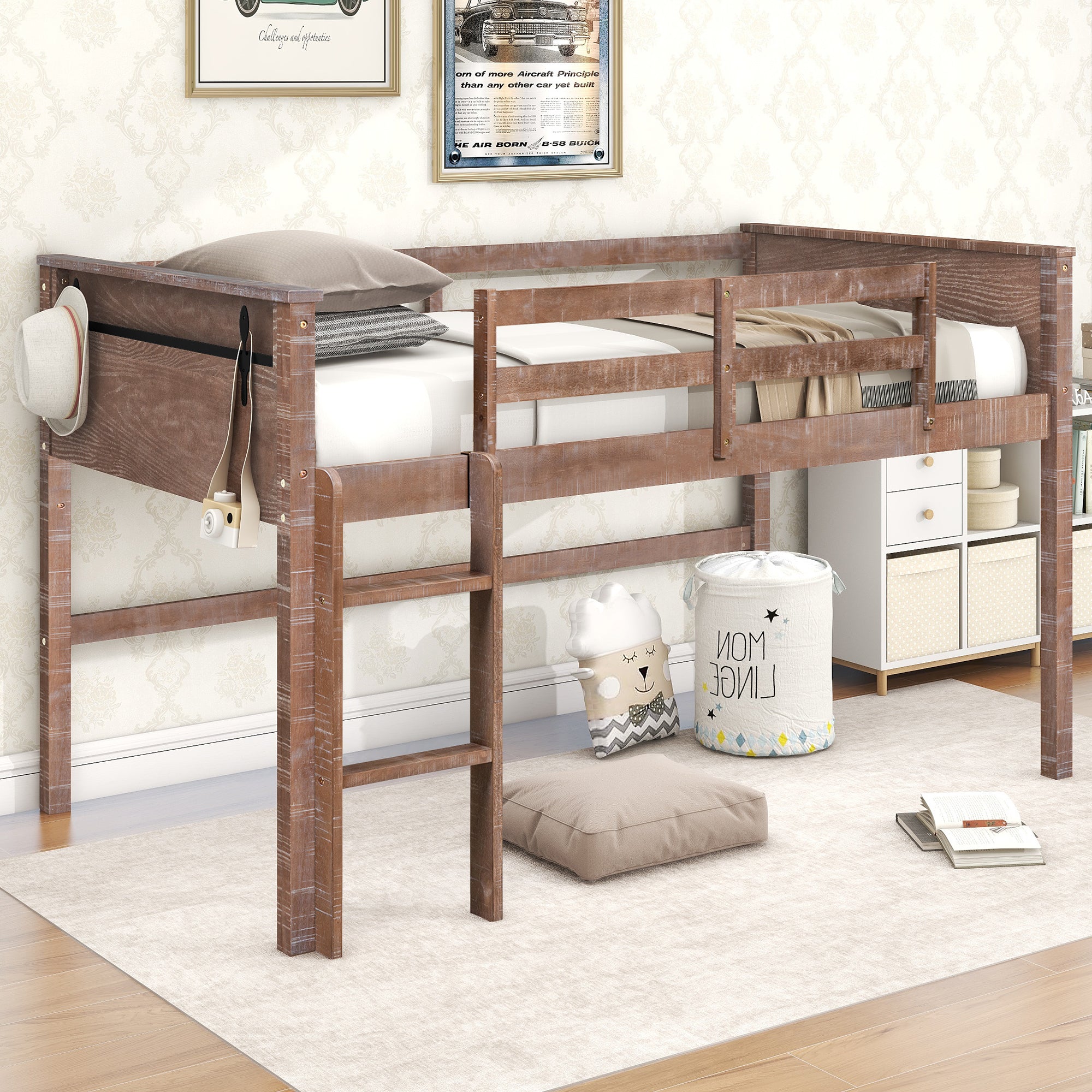 Wood Twin Size Loft Bed with Hanging Clothes Racks, White Rustic Natural - Atlantic Fine Furniture Melbourne FL