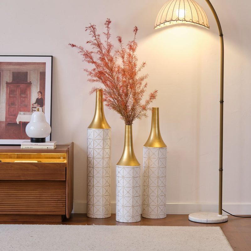 Floor Metal Vases Decorated White Metal Vases (Set of 3) Gorgeous Home Decoration Large Glazed Metal Vases - White / Gold