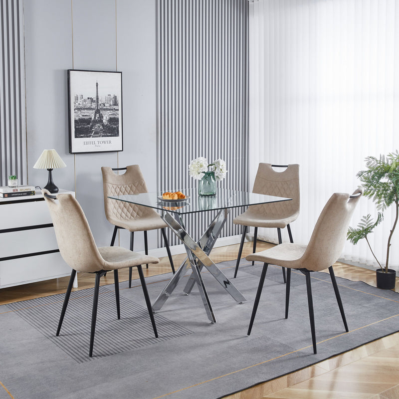 Dining Table With Cross Metal Leg And Tempered Glass, Modern Space Saving Kitchen Table For Living Room Legs, Square Table