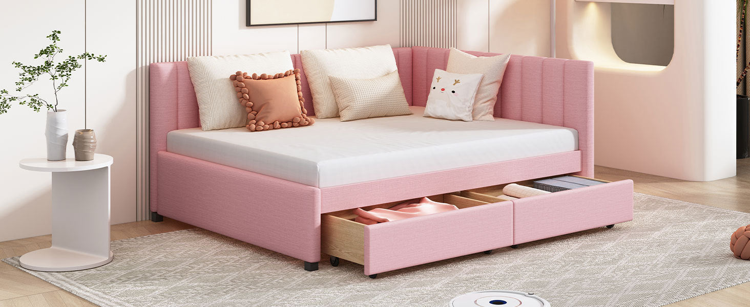 Full Size Upholstered Daybed with 2 Storage Drawers Sofa Bed Frame No Box Spring Needed, Linen Fabric (Pink) - Atlantic Fine Furniture Melbourne FL