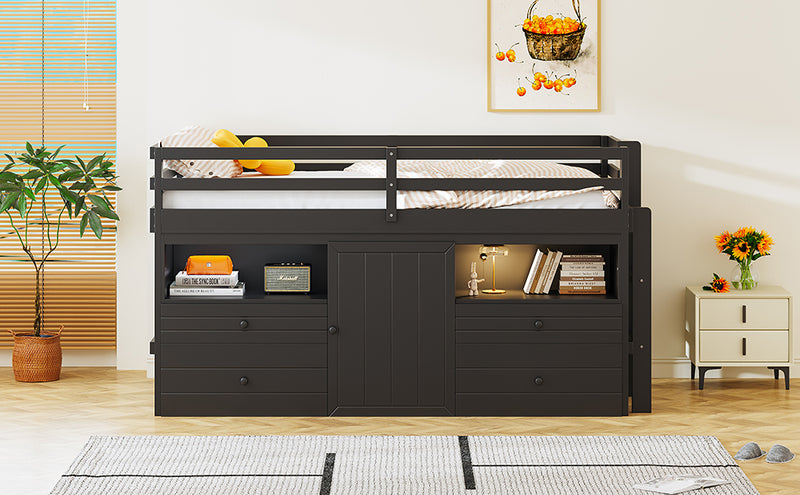 Twin Size Loft Bed with 4 Drawers, Underneath Cabinet and Shelves, Espresso