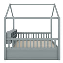 Full Size Wooden House Bed with Shelves and a Mini-cabinet, Gray