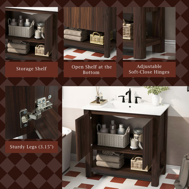 36" Modern Bathroom Vanity With Rectangle Ceramic Sink, Bathroom Cabinet And 45 Degrees Free Handle Design Soft Closing Doors, 1 Open Shelf At The Bottom - Dark Brown