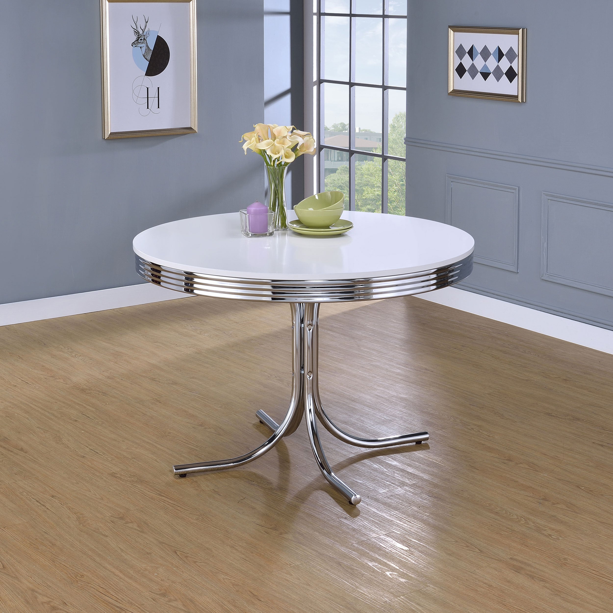 Retro Round 42-inch Wood Top Dining Table White and Chrome — view 2