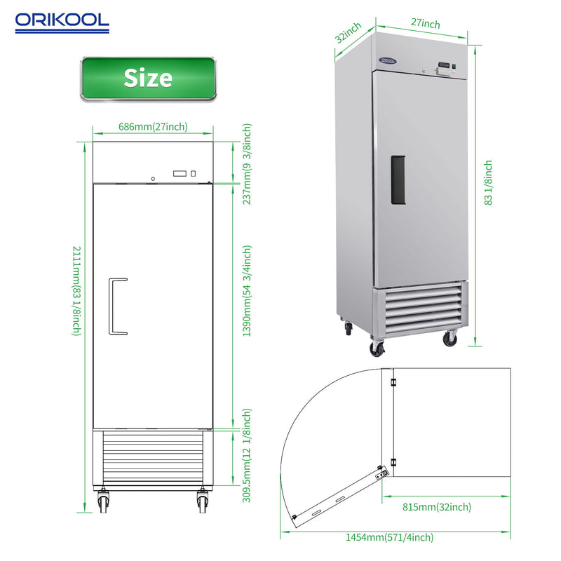 Commercial Refrigerator 23 Cu.Ft With 1 Solid Door Reach-In Refrigerators Stainless Steel Etl Approved Upright Fridge Storage - Silver