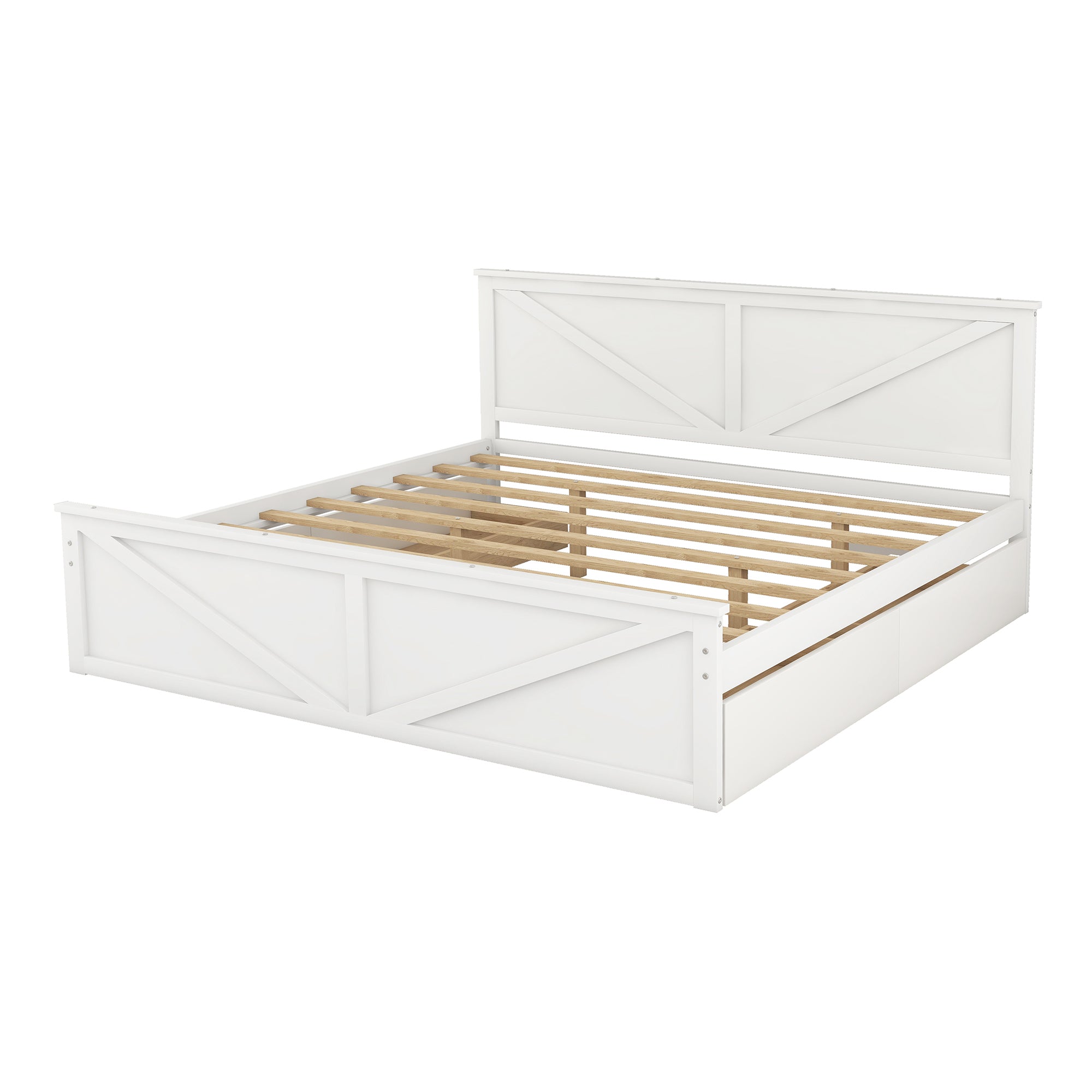 King Size Wooden Platform Bed with Four Storage Drawers and Support Legs, White