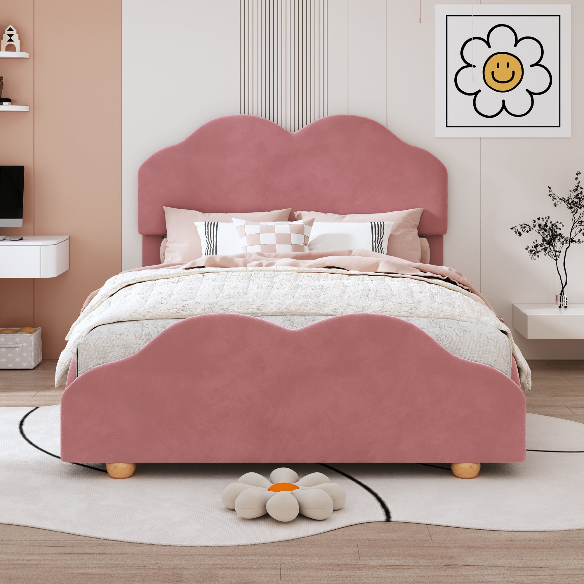 Full Size Upholstered Platform Bed with Cloud Shaped bed board, Dark Pink - Atlantic Fine Furniture Melbourne FL