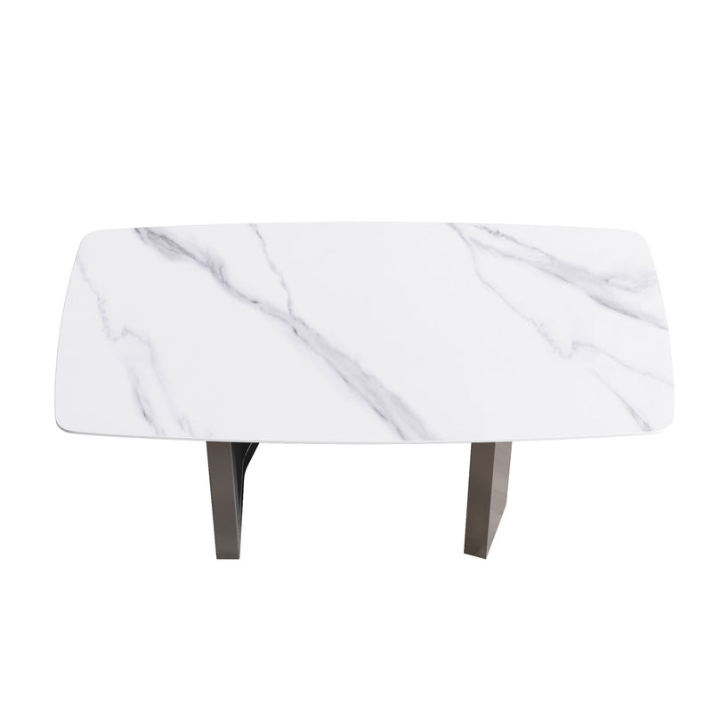 70.87" Modern Artificial Stone White Curved Black Metal Leg Dining Table - White / Black