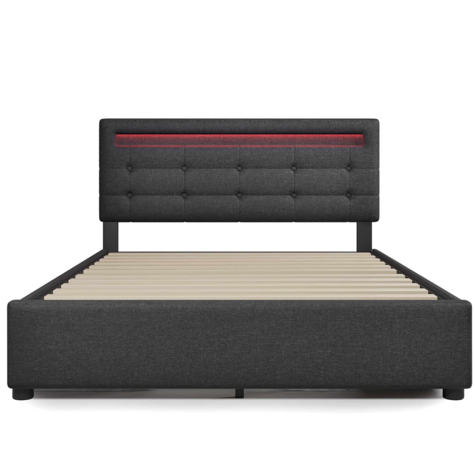 Bed Frame Queen Size, Upholstered Platform Bed Frame with 4 Storage Drawers and LED Lights & Adjustable Headboard,No Box Spring Needed,Grey
