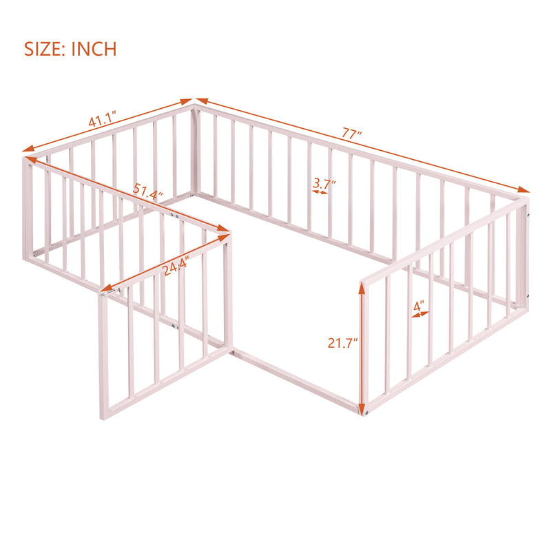 Metal Floor Bed Frame With Fence And Door - Black