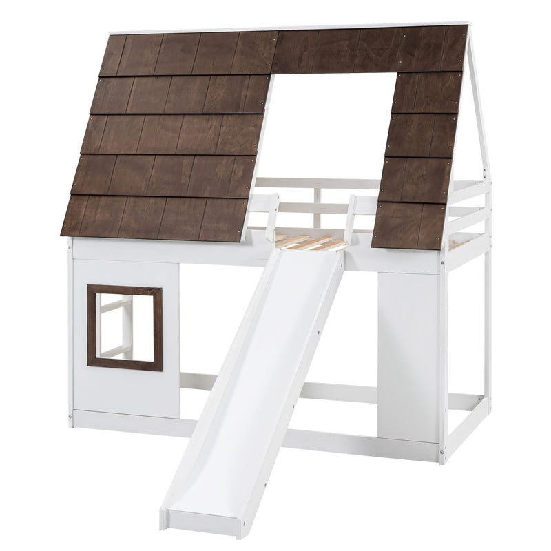 Wood Twin Size House Bunk Bed With Roof, Ladder And Slide - White / Brown