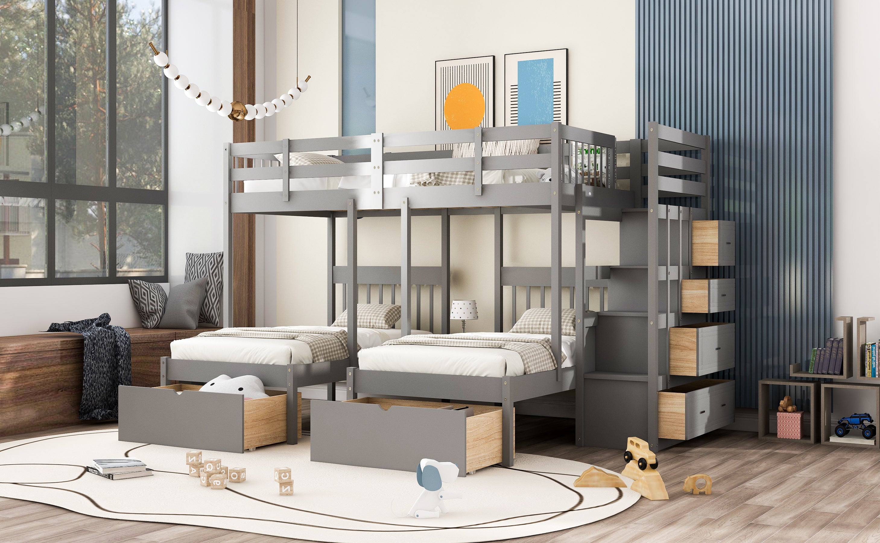 Full Over Twin & Twin Bunk Bed, Wood Triple Bunk Bed with Drawers and Guardrails (Gray) - Atlantic Fine Furniture Melbourne FL