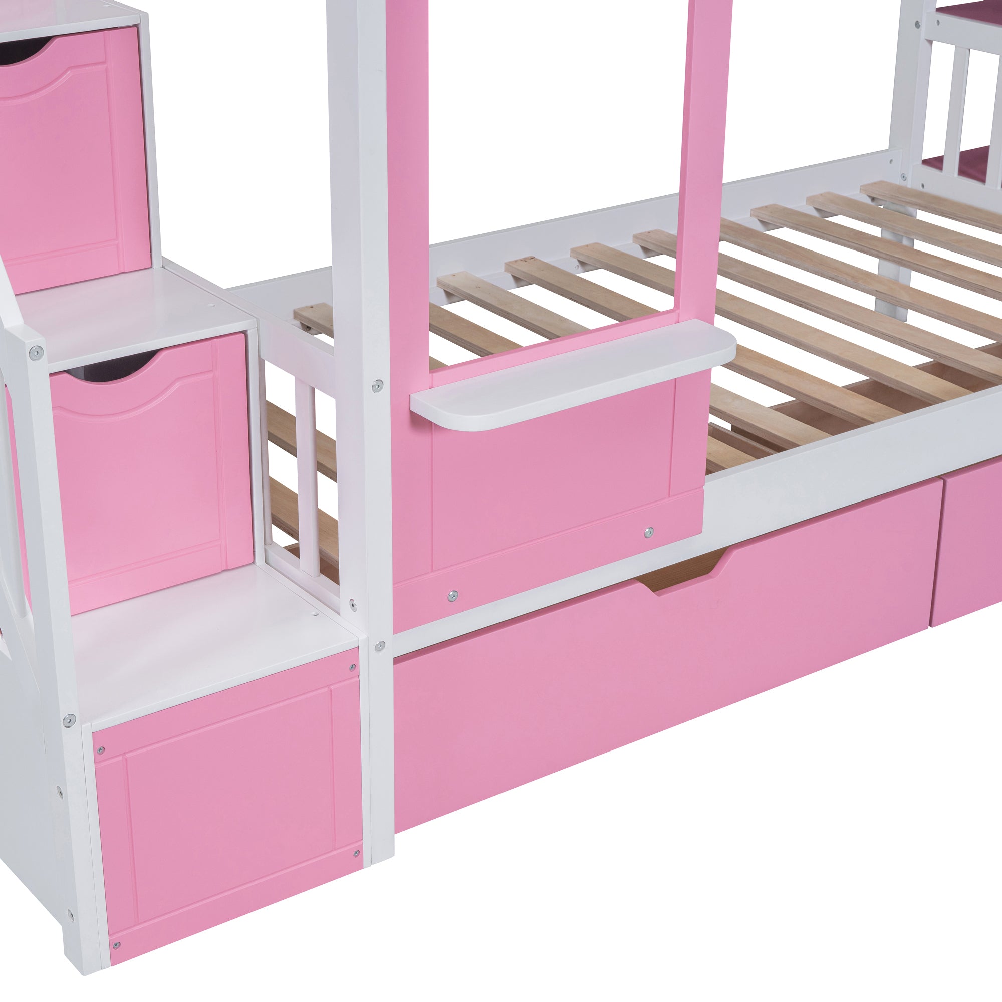 Twin-Over-Twin Castle Style Bunk Bed with 2 Drawers 3 Shelves and Slide - Pink - Atlantic Fine Furniture Melbourne FL