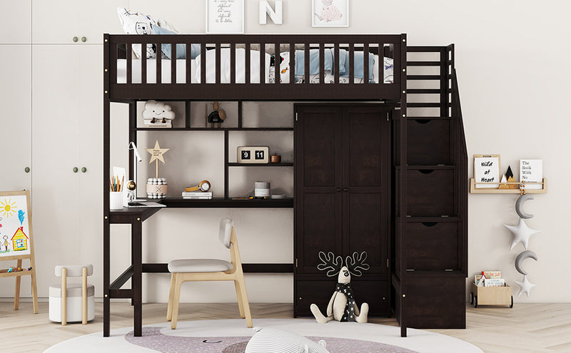 Full size Loft Bed with Bookshelf,Drawers,Desk,and Wardrobe-Espresso