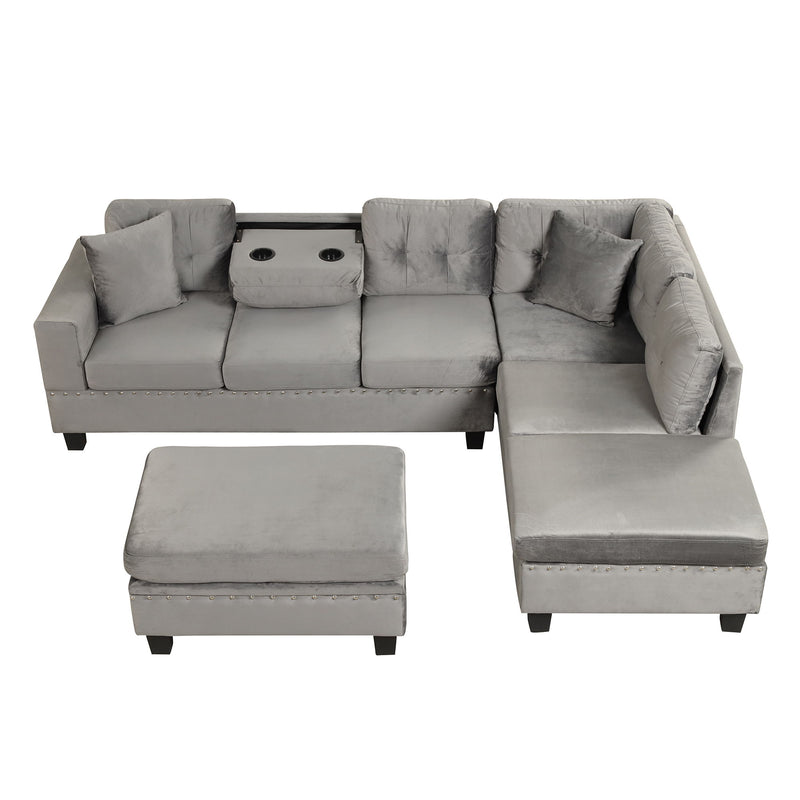 Modern Sectional Sofa With Storage Ottoman, L-Shape Couch With 2 Pillows And Cup Holder, Sectional Sofa With Reversible Chaise For Living Room