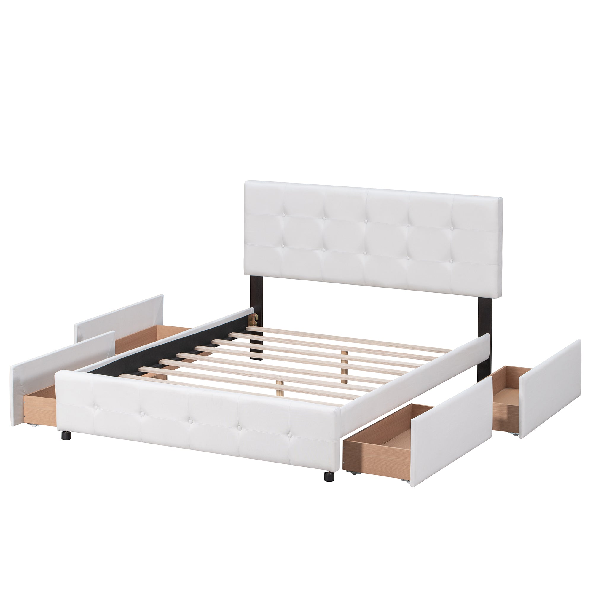 Upholstered Platform Bed with Classic Headboard and 4 Drawers, No Box Spring Needed, Linen Fabric, Queen Size White - Atlantic Fine Furniture Melbourne FL