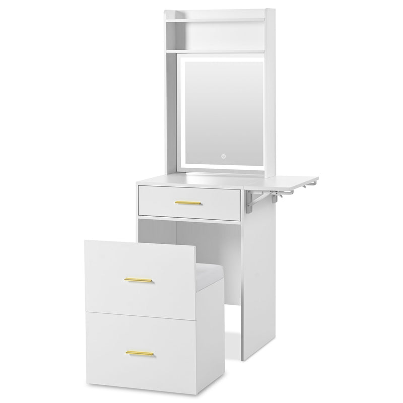 Small Vanity Desk With Mirror And Light, Dressing Table With Charging Station & Fold Up Panel For Small Space, Compact Makeup Vanity Set With Hidden Stool For Bedroom - White