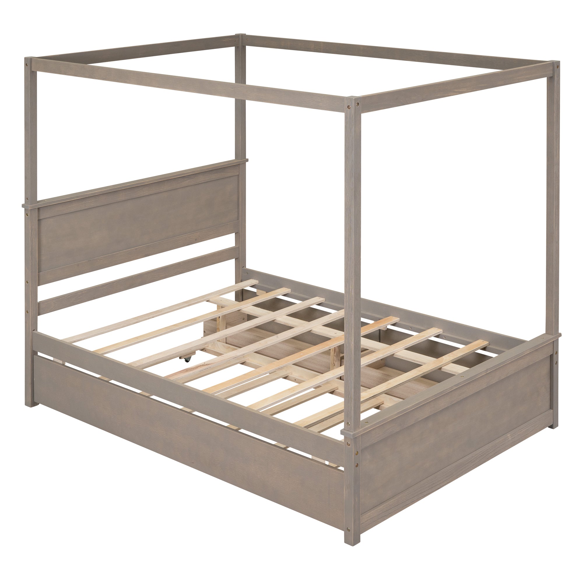 Wood Canopy Bed with Trundle Bed and two Drawers ,Full Size Canopy Platform bed With Support Slats .No Box Spring Needed, Brushed Light Brown - Atlantic Fine Furniture Melbourne FL