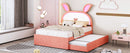 Full Size Upholstered Platform Bed with Trundle and 3 Drawers, Rabbit-Shaped Headboard with Embedded LED Lights, Pink