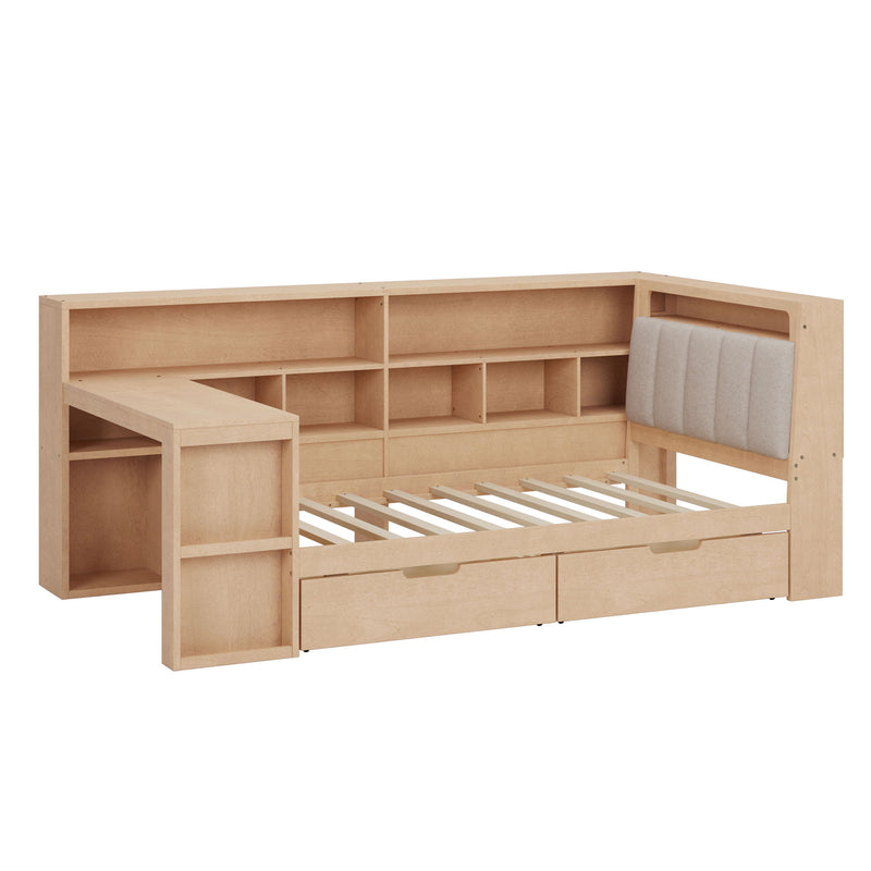 L Shaped Daybed With Desk, Bookcase, Upholstered Headboard, Drawers, And LED Light