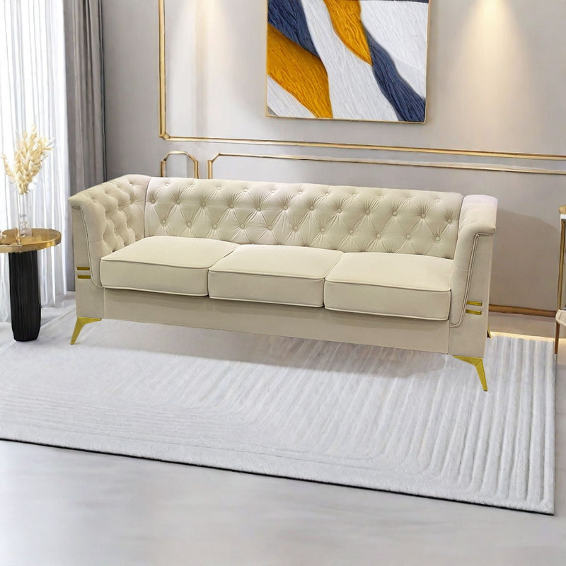 Luxurious Velvet Sofa With Gold Legs, Modern Chesterfield Design, Tufted Upholstery, 3 Seat Couch For Living Room And Office