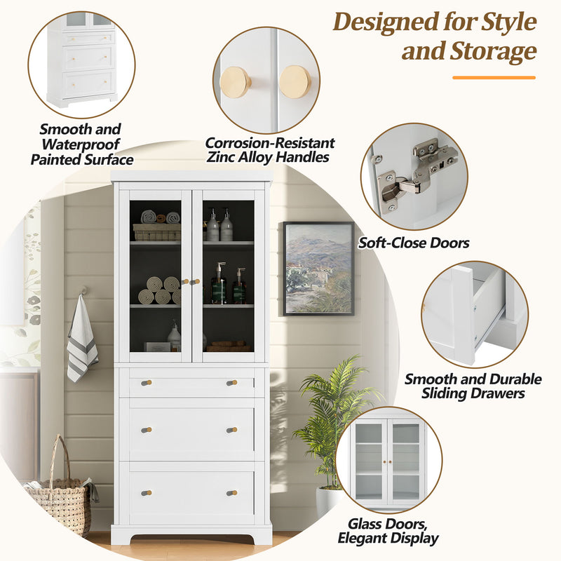 Freestanding Tall Bathroom Cabinet With 2 Adjustable Shelves, 3 Drawers, Soft Close Glass Doors - White