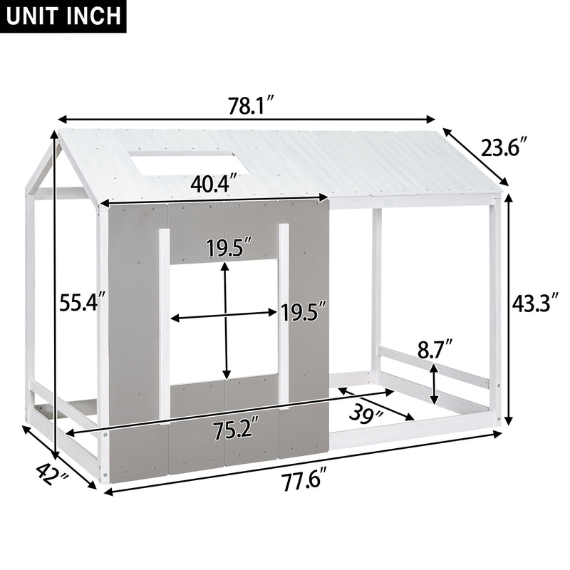 Twin Size House Platform with Roof and Window, White+Antique Grey(Old SKU: WF294130AAE)