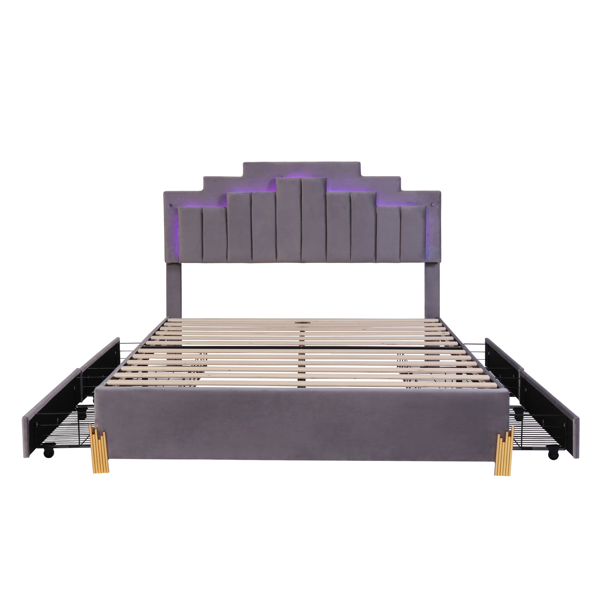 Queen Size Upholstered Platform Bed with LED Lights and 4 Drawers, Stylish Irregular Metal Bed Legs Design, Gray - Atlantic Fine Furniture Melbourne FL