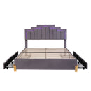 Queen Size Upholstered Platform Bed with LED Lights and 4 Drawers, Stylish Irregular Metal Bed Legs Design, Gray