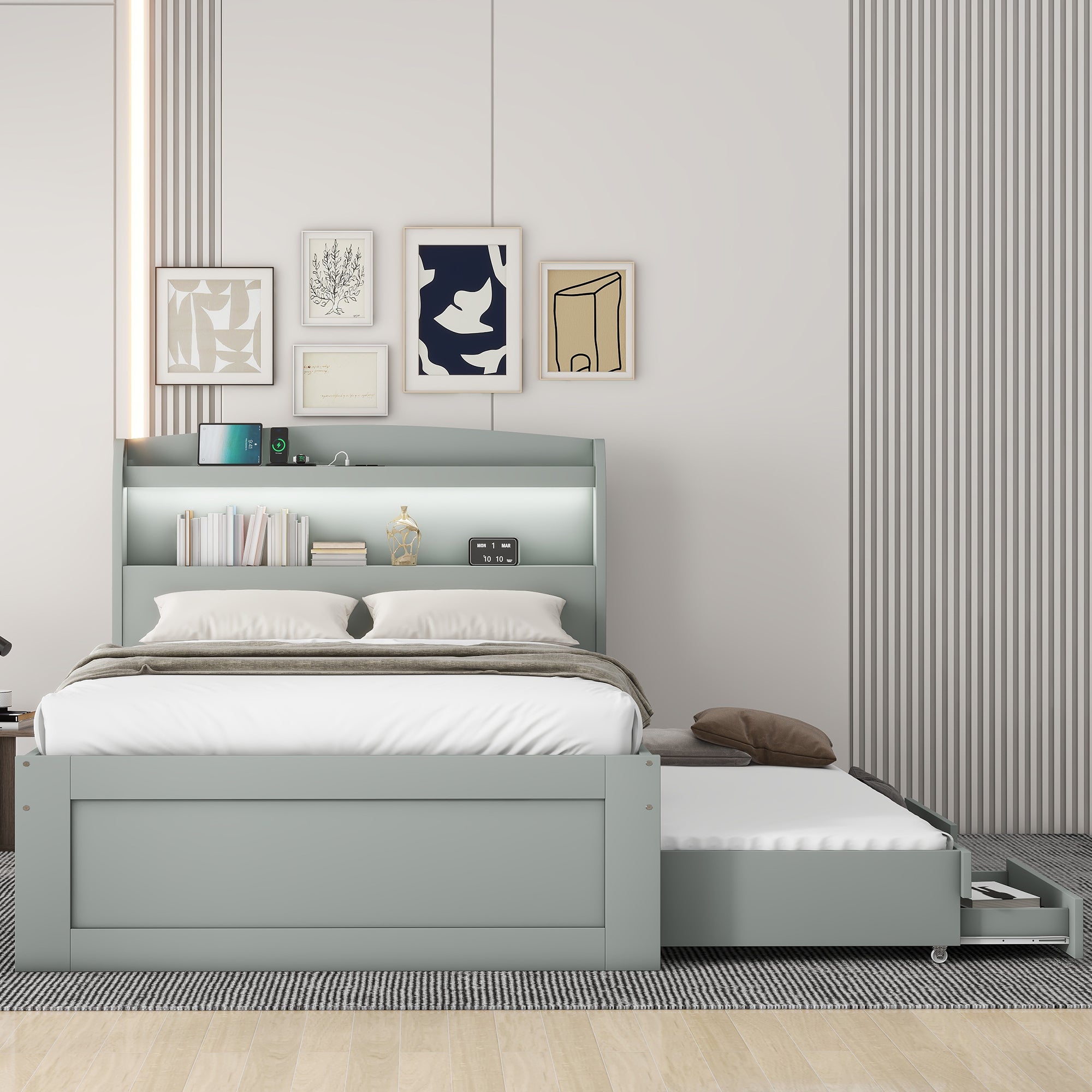 Twin XL Size Platform Bed with Storage LED Headboard, Charging Station, Twin Size Trundle and 2 Drawers, Gray - Atlantic Fine Furniture Melbourne FL