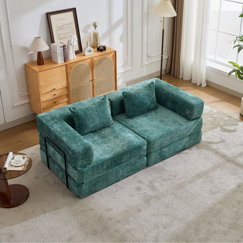 Convertible Floor Sofa Bed With Fixed Shape Frame, Loveseats Boneless Modular Sectional, For Living Room - Dark Green
