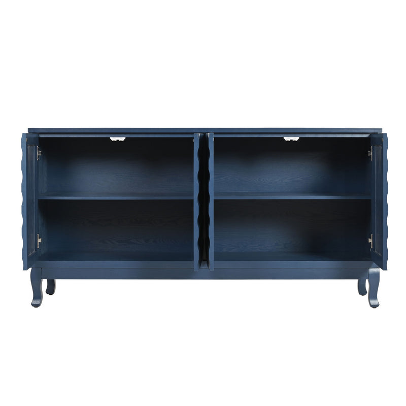 Elegant Sideboard With Sophisticated Wavy Pattern Doors And Arched Groove Design, Adjustable 4 Door Layout