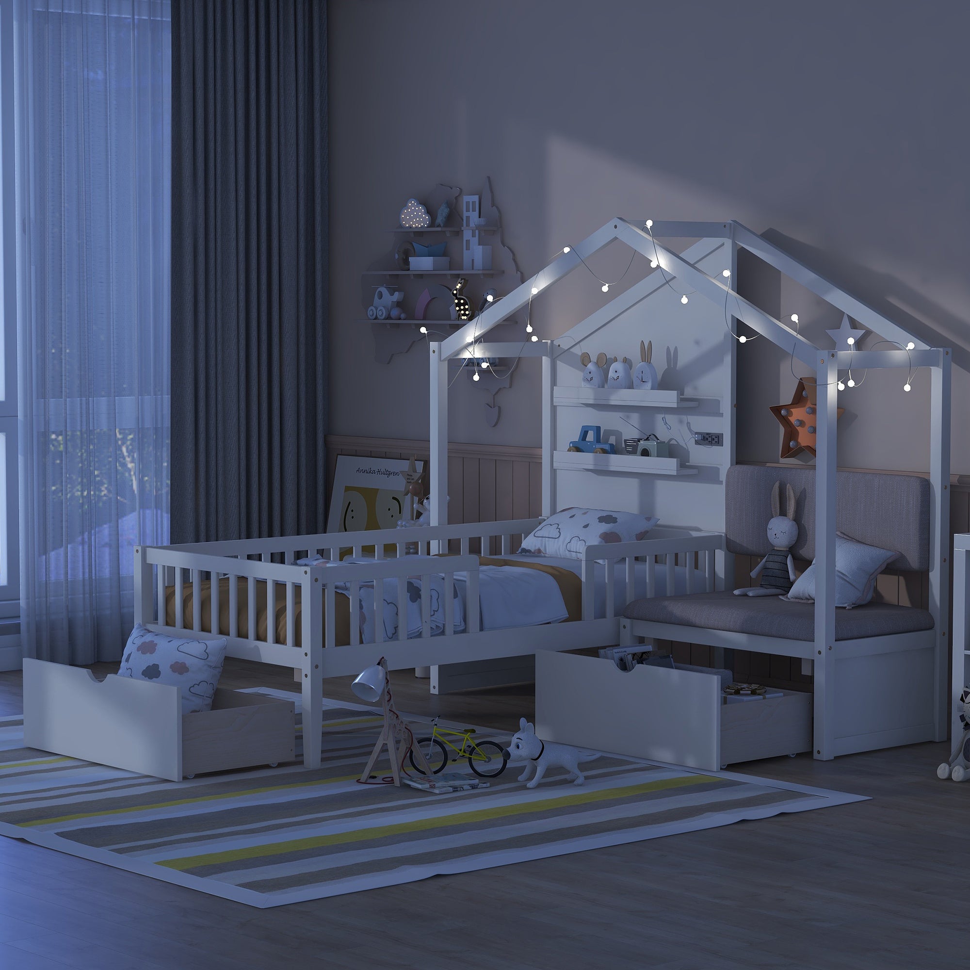 Twin Size House Bed with Upholstered Sofa, House Bed with Charging Station, Wireless Charging, Shelves and Two Drawers, White - Atlantic Fine Furniture Melbourne FL