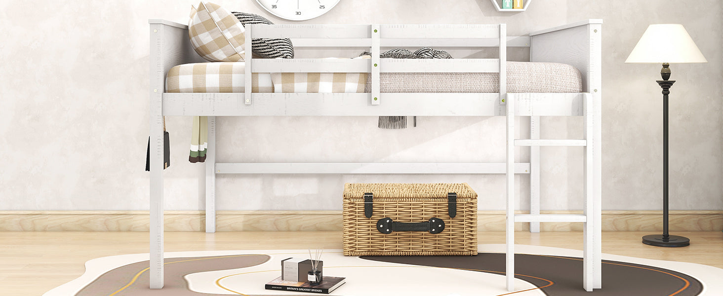 Wood Full Size Loft Bed with Hanging Clothes Racks, White - Atlantic Fine Furniture Melbourne FL