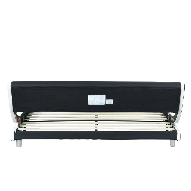 Faux Leather Upholstered Platform Bed Frame with led lighting , Curve Design, Wood Slat Support, No Box Spring Needed, Easy Assemble, Queen Size, Black and White