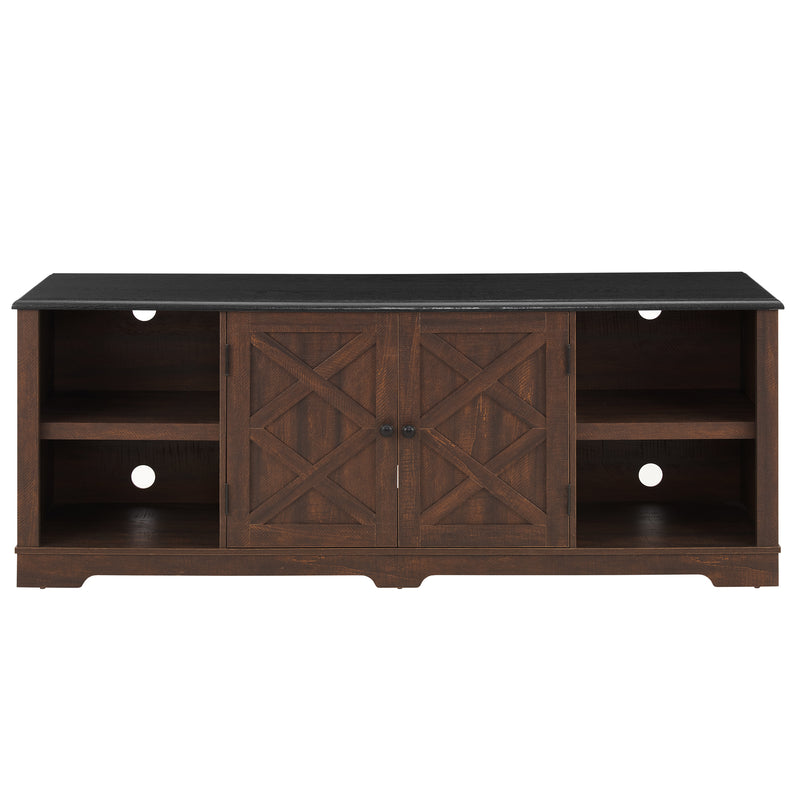 Modern Farmhouse TV Media Stand, Large Barn Inspired Home Entertainment Console, for TV Up to 80'', with Open Shelves and Closed Cabinets, Espresso and Black, 70"W*15.55"D*26.89"H