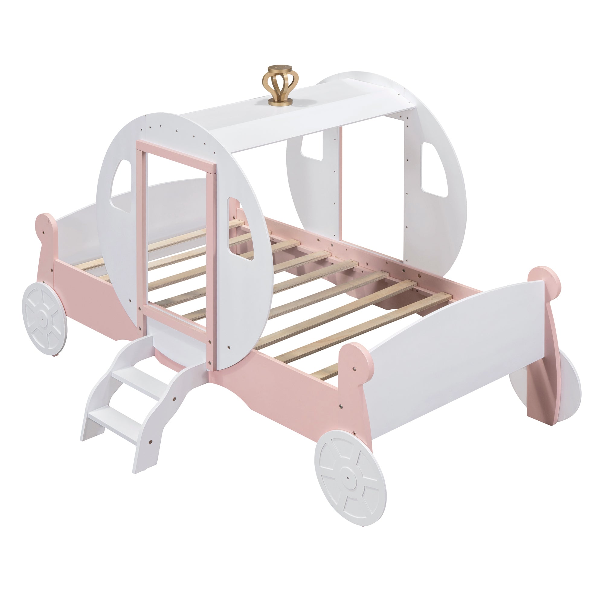 Twin size Princess Carriage Bed with Crown ,Wood Platform Car Bed with Stair,White+Pink - Atlantic Fine Furniture Melbourne FL