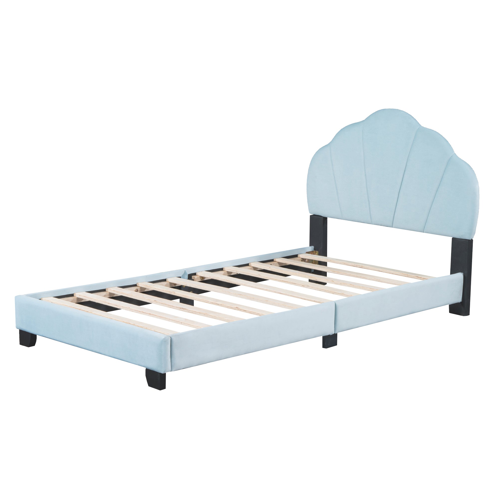 Twin Size Upholstered Velvet Platform Bed with Shell-Shaped Headboard, Blue - Atlantic Fine Furniture Melbourne FL