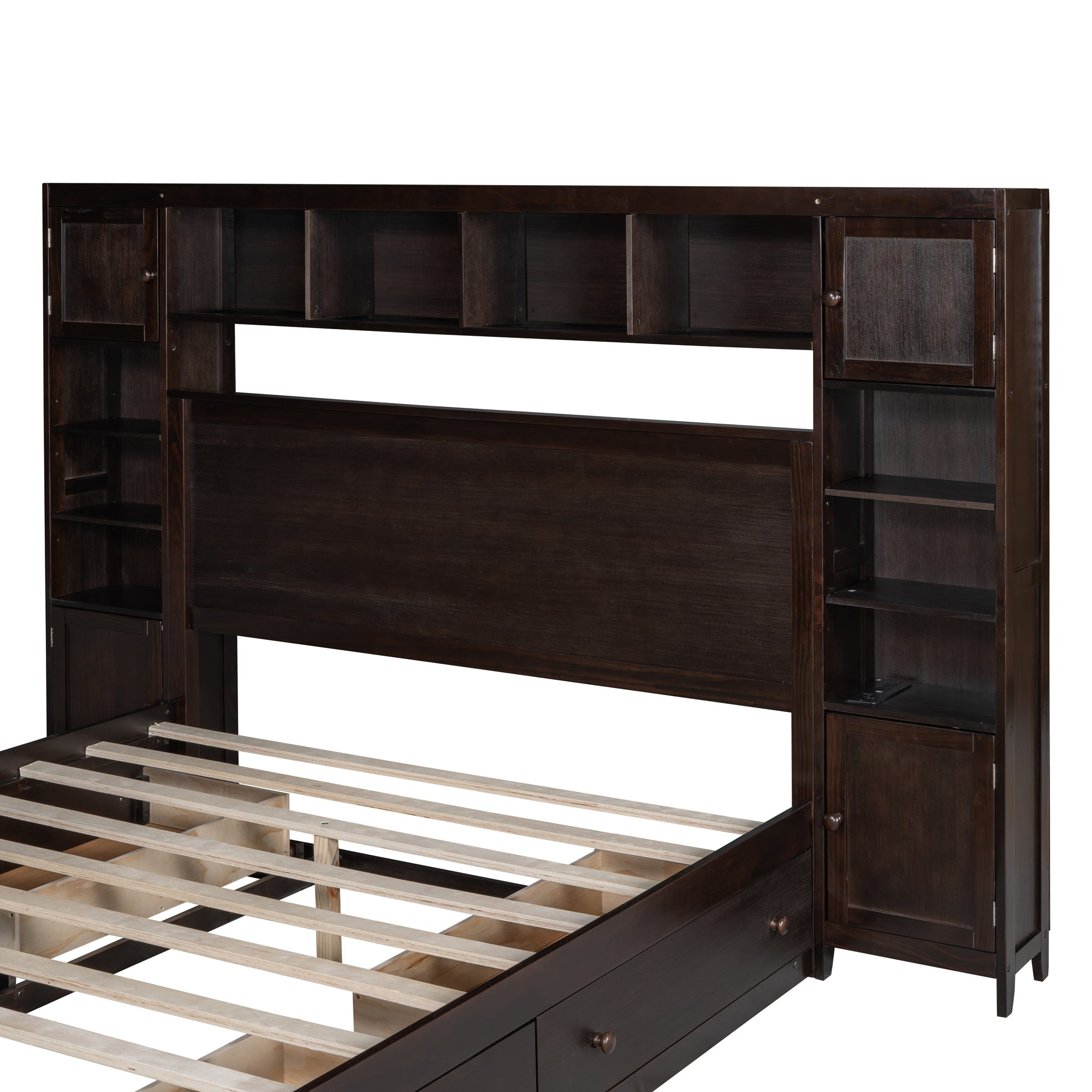 Queen Size Wooden Bed With All-in-One Cabinet, Shelf and Sockets, Espresso - Atlantic Fine Furniture Melbourne FL