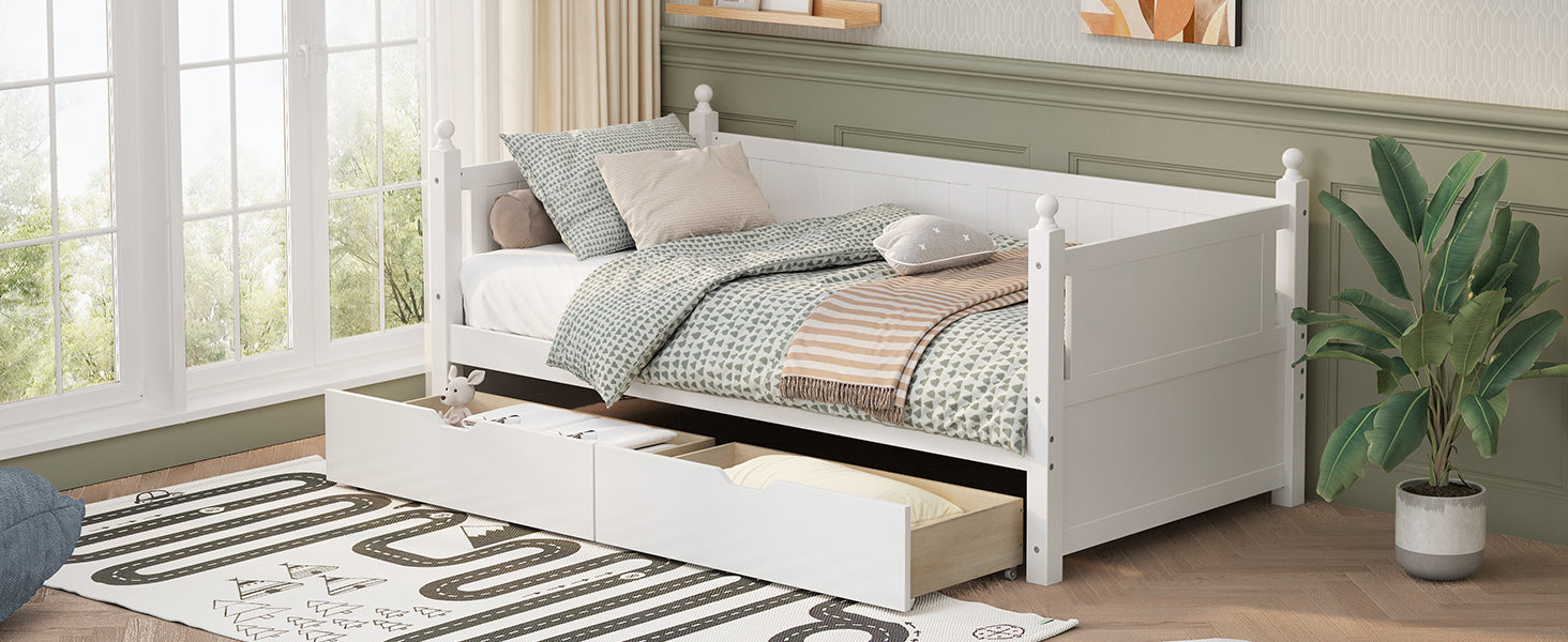 Twin Size Solid Wood Daybed with 2 drawers for Limited Space Kids, Teens, Adults, No Need Box Spring, White - Atlantic Fine Furniture Melbourne FL