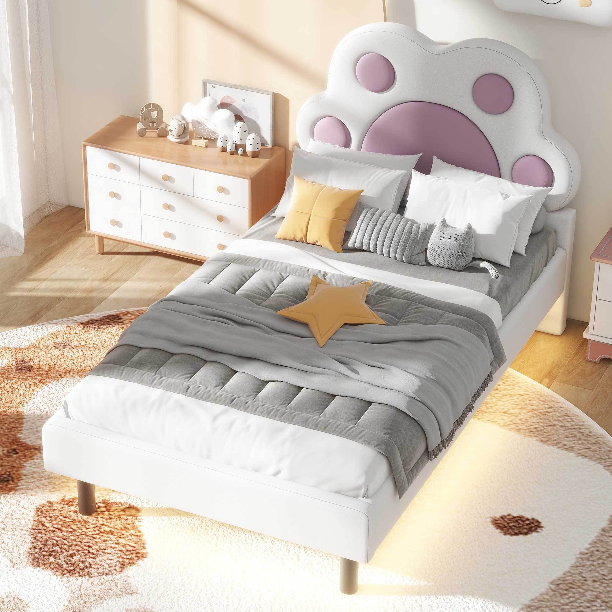 Twin Size Upholstered Platform Bed with Animal Paw Shaped Headboard and LED, Pink - Atlantic Fine Furniture Melbourne FL