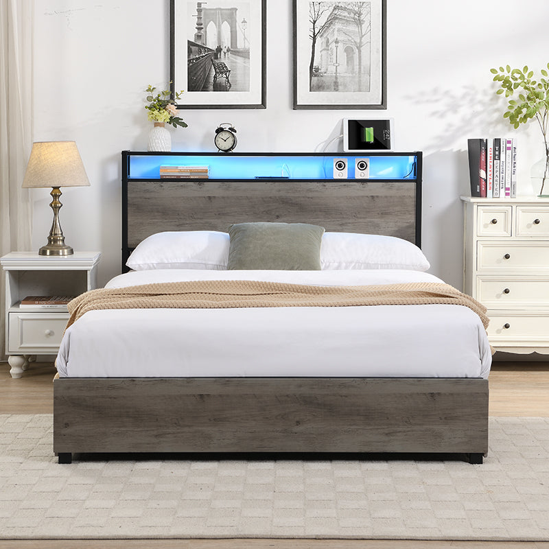 Full Bed Frame, Storage Headboard with Charging Station, Solid and Stable, Noise Free, No Box Spring Needed, Easy Assembly