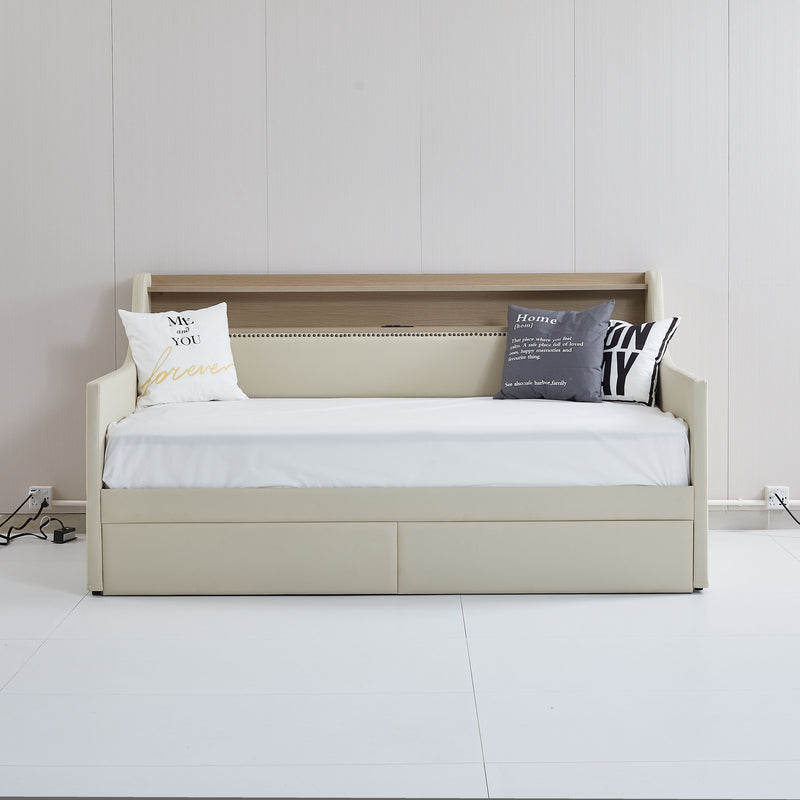 Twin Size Daybed with Storage Drawers, Upholstered Daybed with Charging Station and LED Lights, Beige (Expect arrive date: December 30th.)