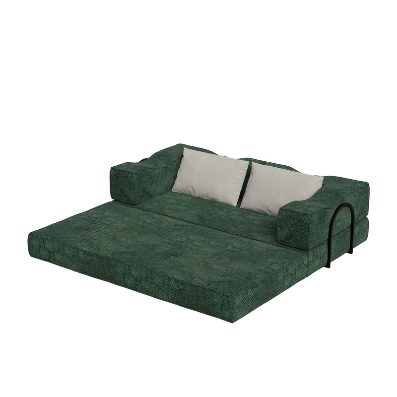 Convertible Couch Bed With 2 Pillows, 3 Seat Folding Floor Couch & King Size Bed Mattress, Diy Combination - Green