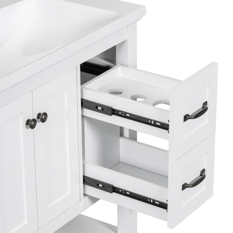 Bathroom Vanity With Ceramic Sink Top, Vanity Cabinet With Multi-Functional Drawer, Solid Wood Legs - White