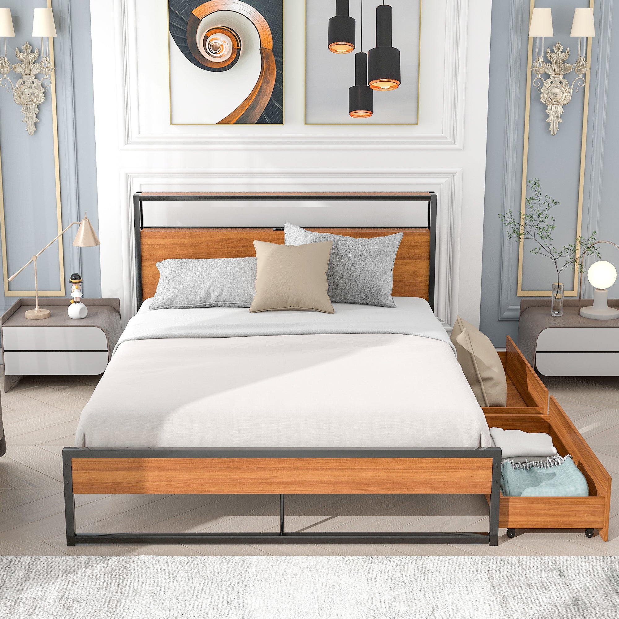 Queen Size Metal Platform Bed Frame with Two Drawers,Sockets and USB Ports ,Slat Support No Box Spring Needed Black - Atlantic Fine Furniture Melbourne FL
