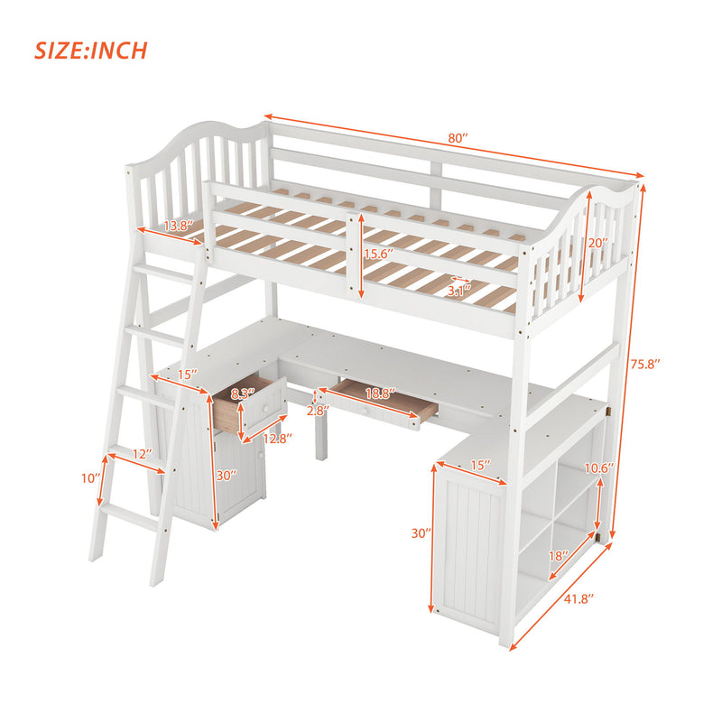 Loft Bed With Drawers, Cabinet, Shelves With Desk