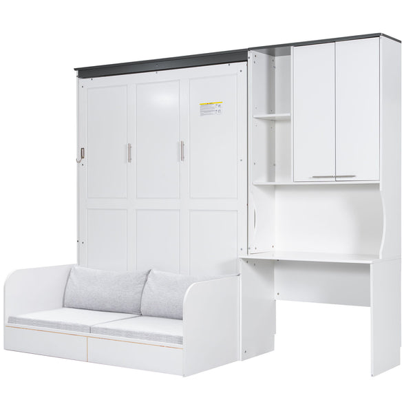 Multi Functional Murphy Bed With Sofa, Desk, And Storage Cabinet, Queen Size - White