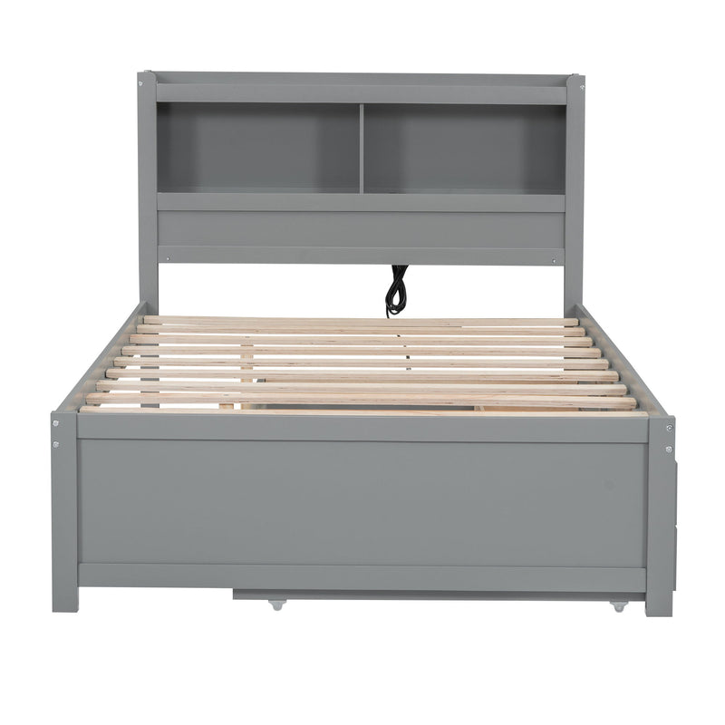 Full Size Platform Bed With Trundle, Drawers, USB Ports And Built In Shelves - Gray